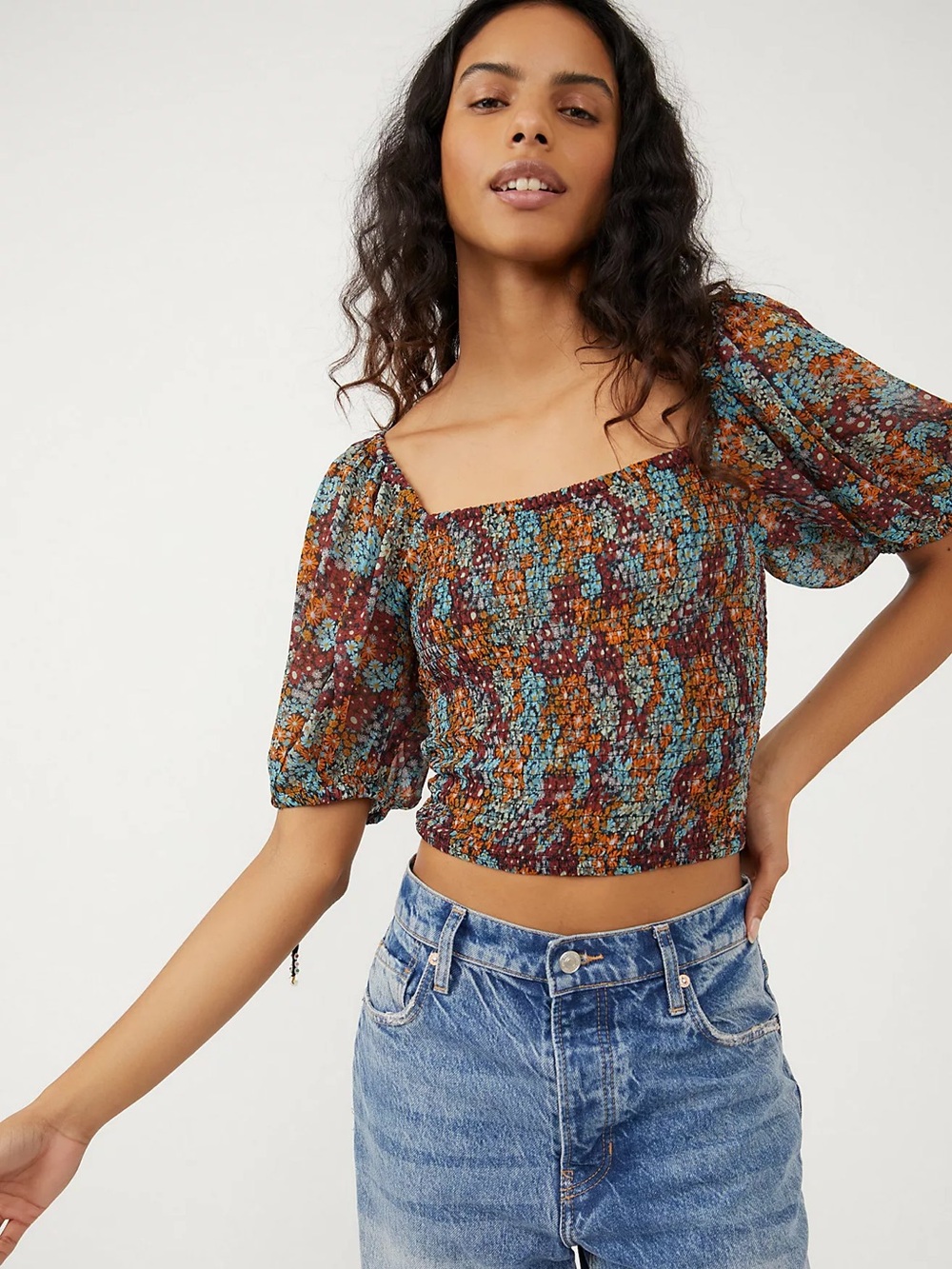 Free people - Smocked Floral Square-Neck Crop Top in Multi-Color